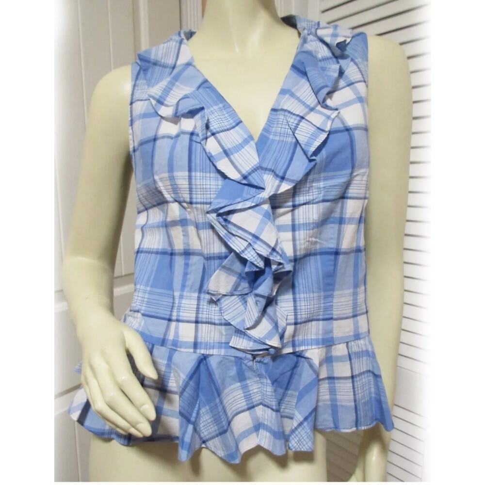 NWT NEW lauren ralph lauren sz 10 frill placket schoolgirl button up blue check